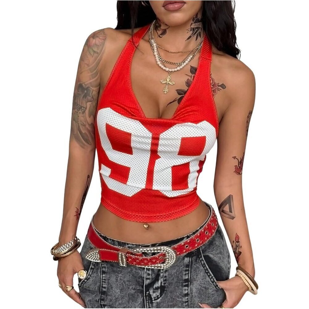 Women's Y2K Mesh Halter Crop Top Backless Sleeveless Tie Front Casual